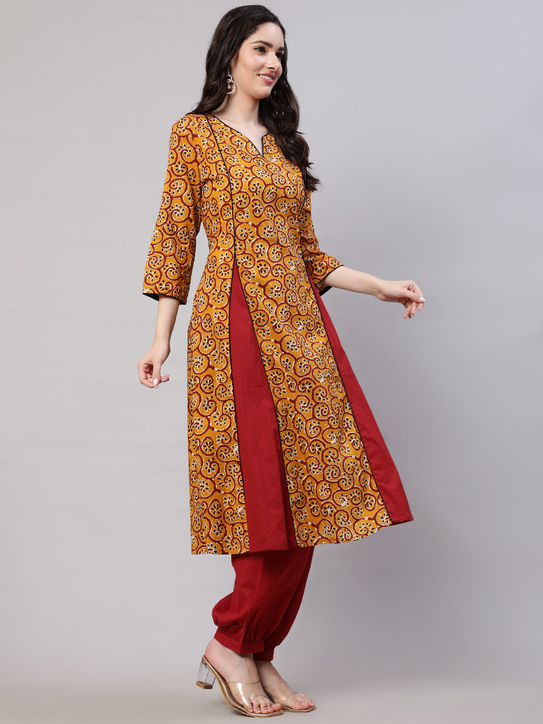 Mustard Printed A-line Kurta With Palazzo