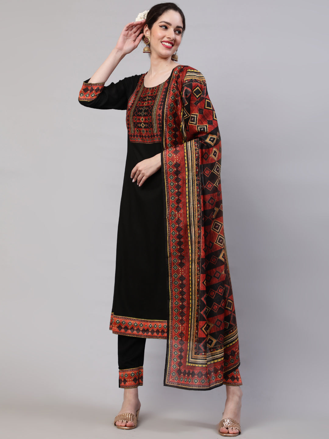 Black Printed Kurta Pant With Dupatta