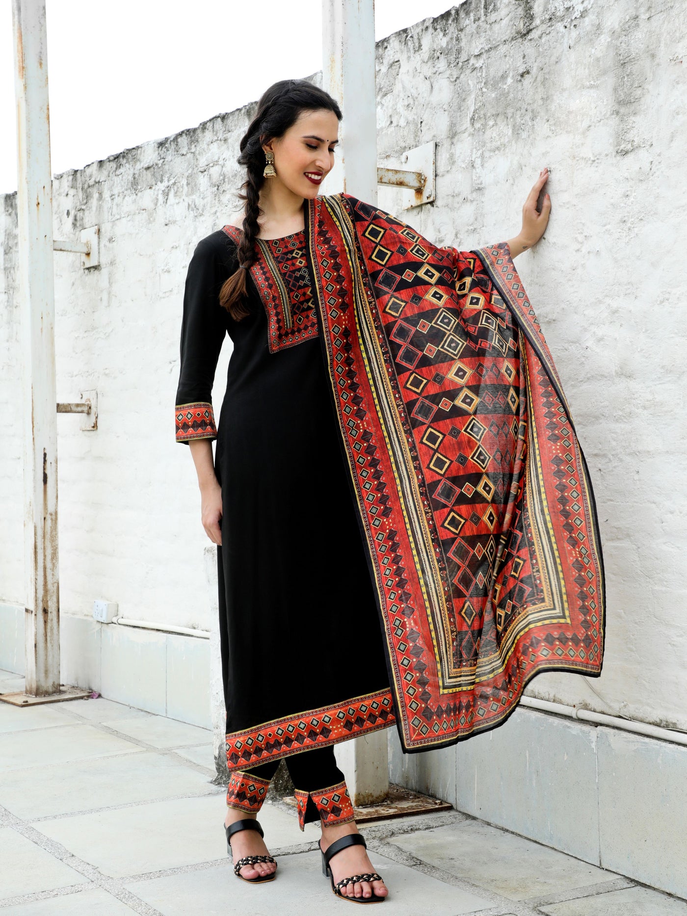 Black Printed Kurta Pant With Dupatta