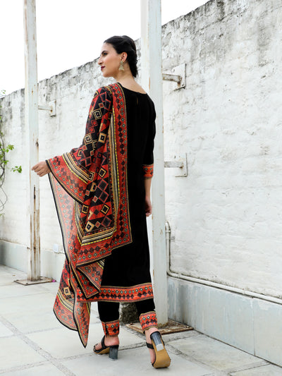 Black Printed Kurta Pant With Dupatta