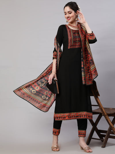 Black Printed Kurta Pant With Dupatta