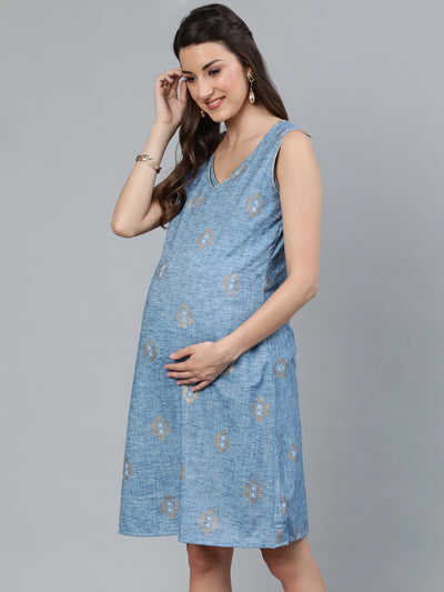 Blue Gold Printed Maternity Dress