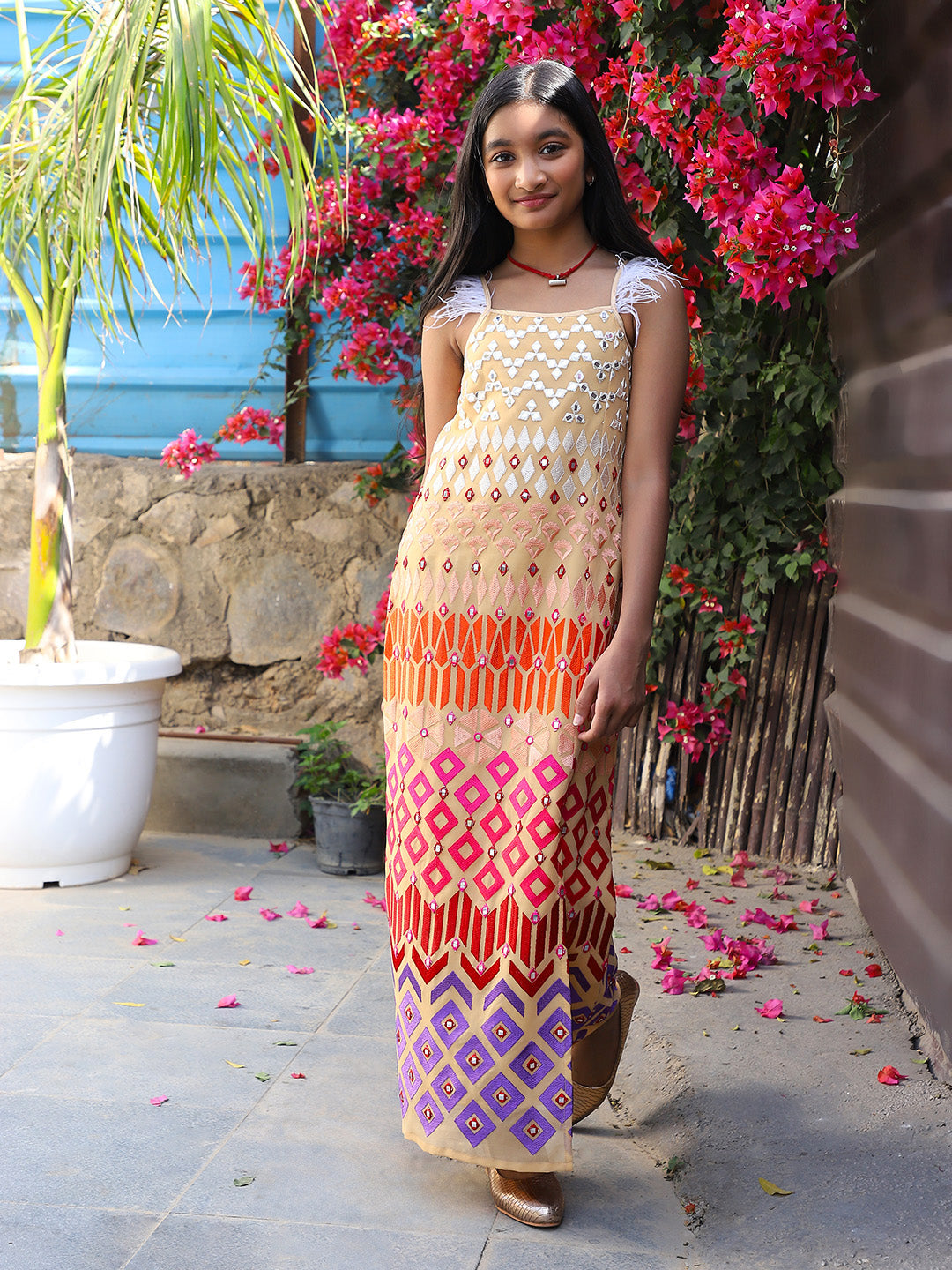 Beige Embroidered Long Gown