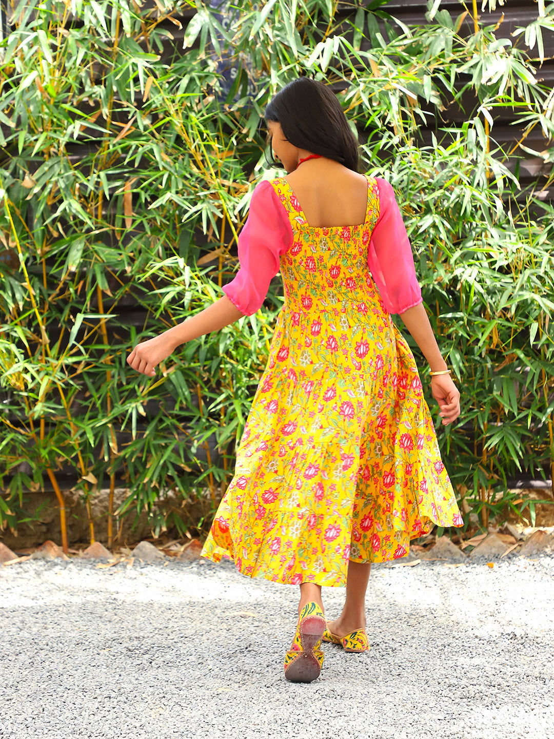 Yellow tiered Midi Dress