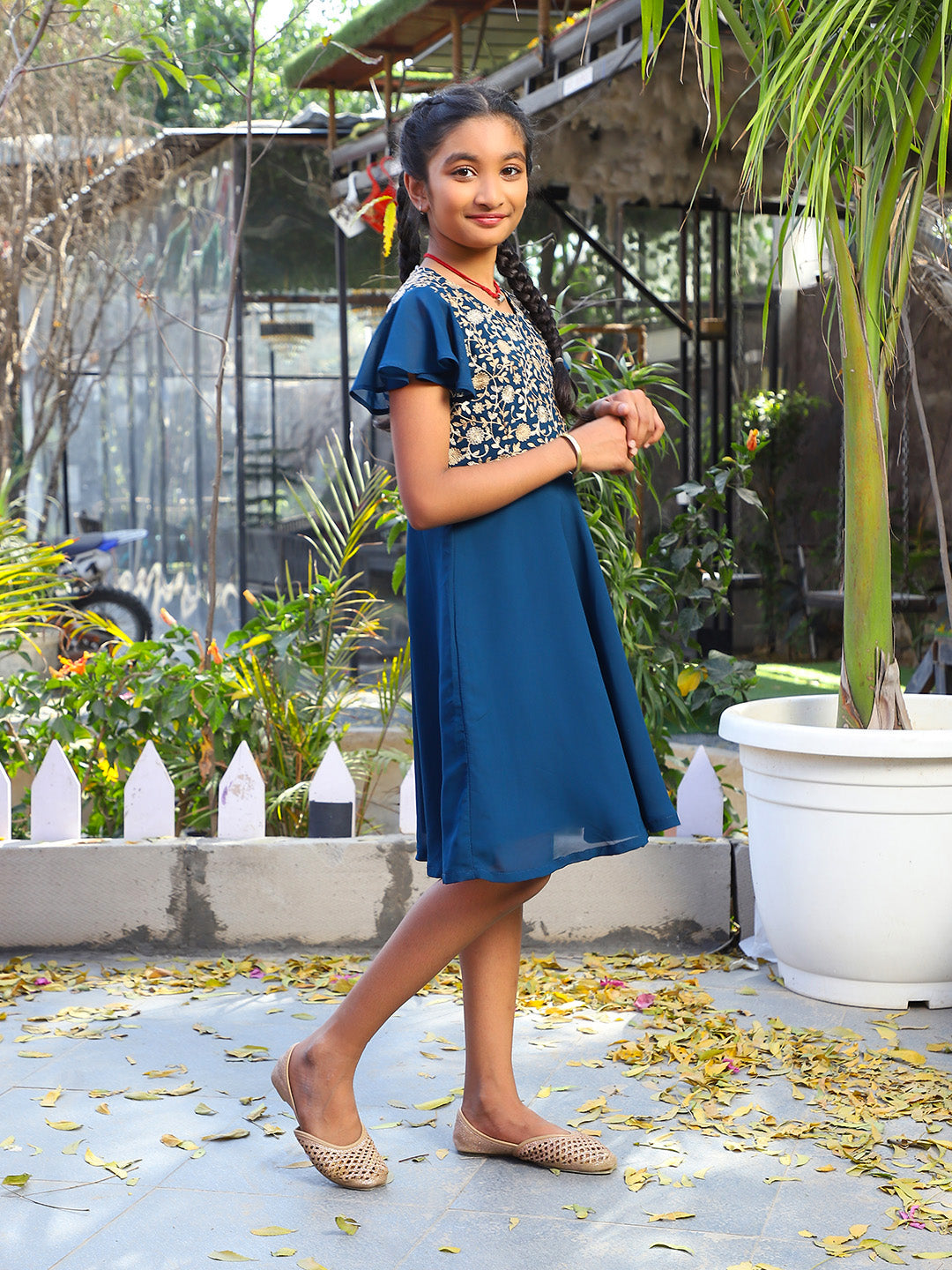 Blue Embroidered Flared dress