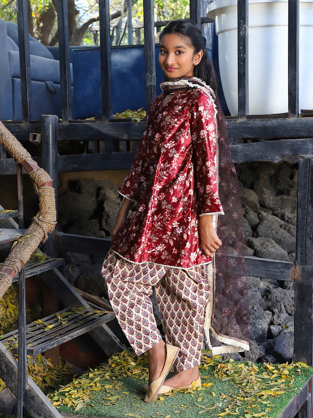 Maroon Digital printed Aline Velvet kurta set