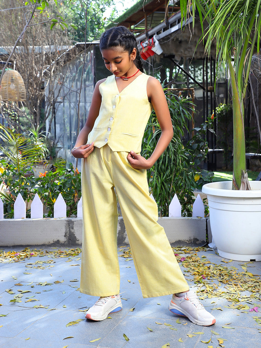 Lemon Yellow Waist Coat palazzo set