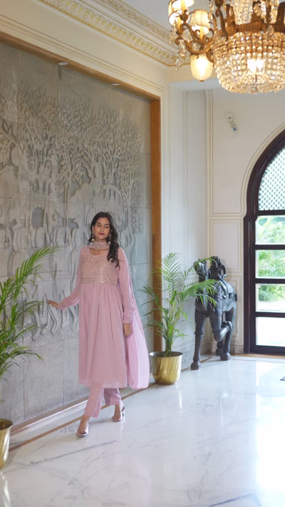 Powder Pink sequinned Nyra Cut Kurta Set