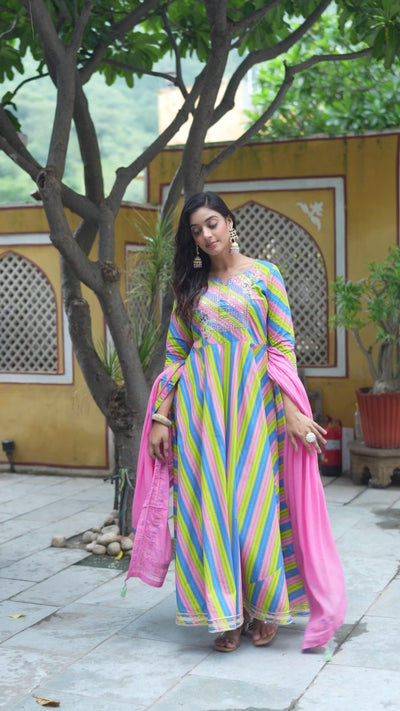 Leheriya Multicolor Anarkali with Dupatta