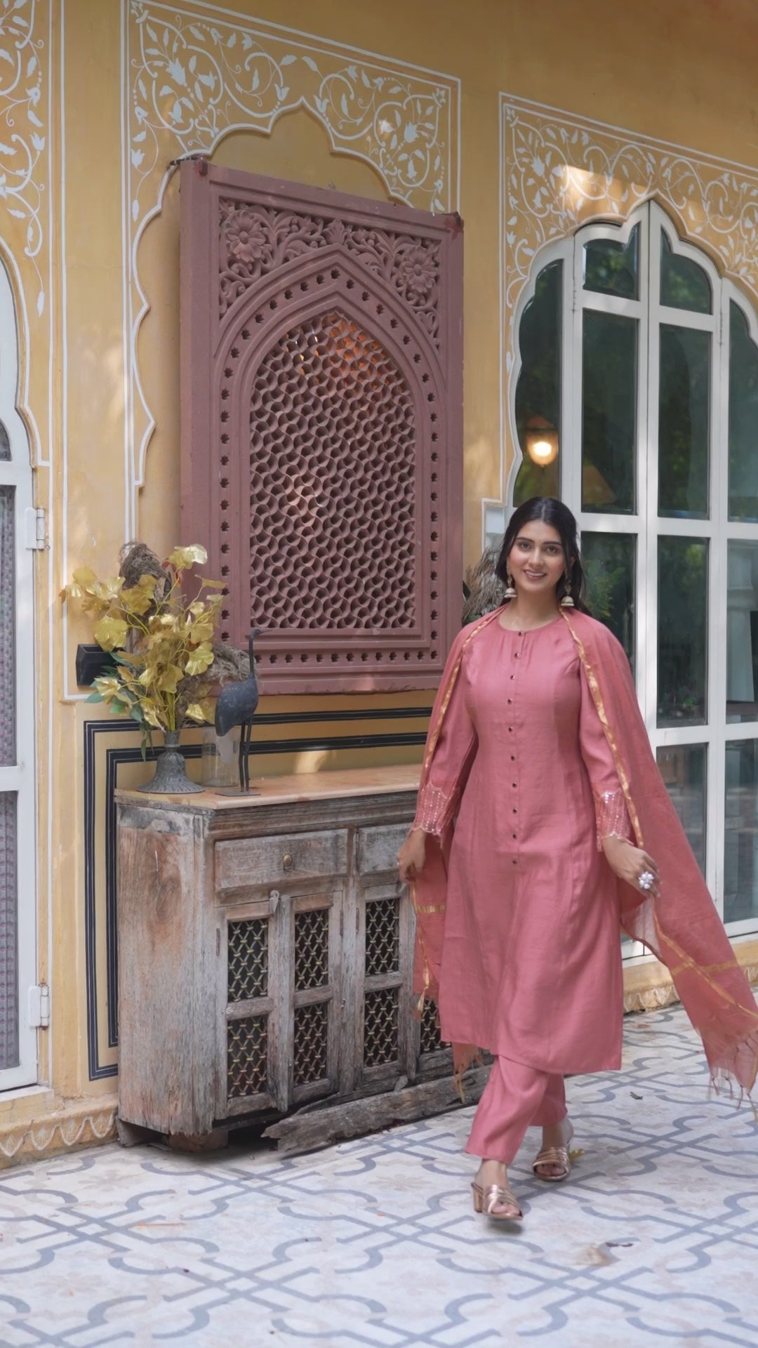 Brick Red A-Line Kurta Set With Dupatta