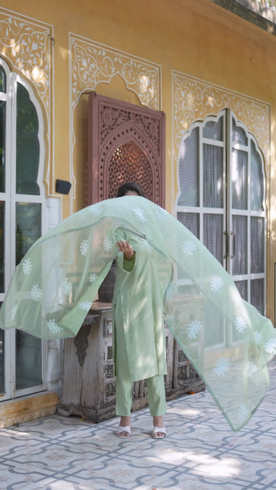 Mint Green Embroidered Pakistani Kurta Set With Embroidered Dupatta