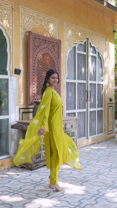 Lime Green Embroidered Pakistani Kurta Set With Embroidered Dupatta