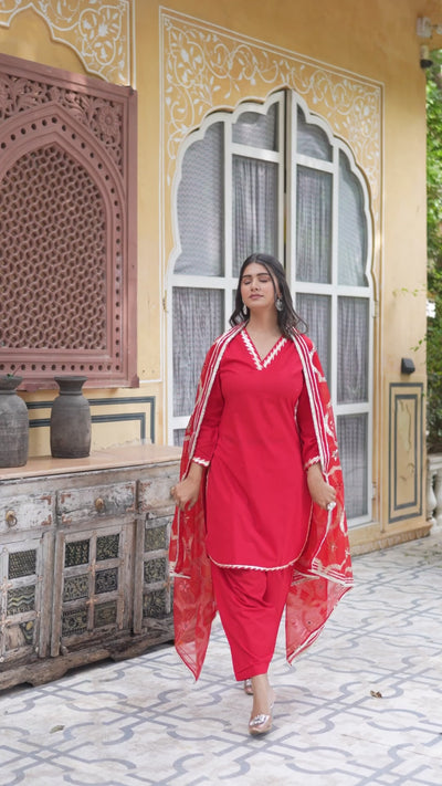 Red Pakistani Cotton Kurta Set With Gota Embroidered Dupatta