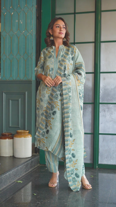 Powder Blue Floral Kurta Set with Dupatta