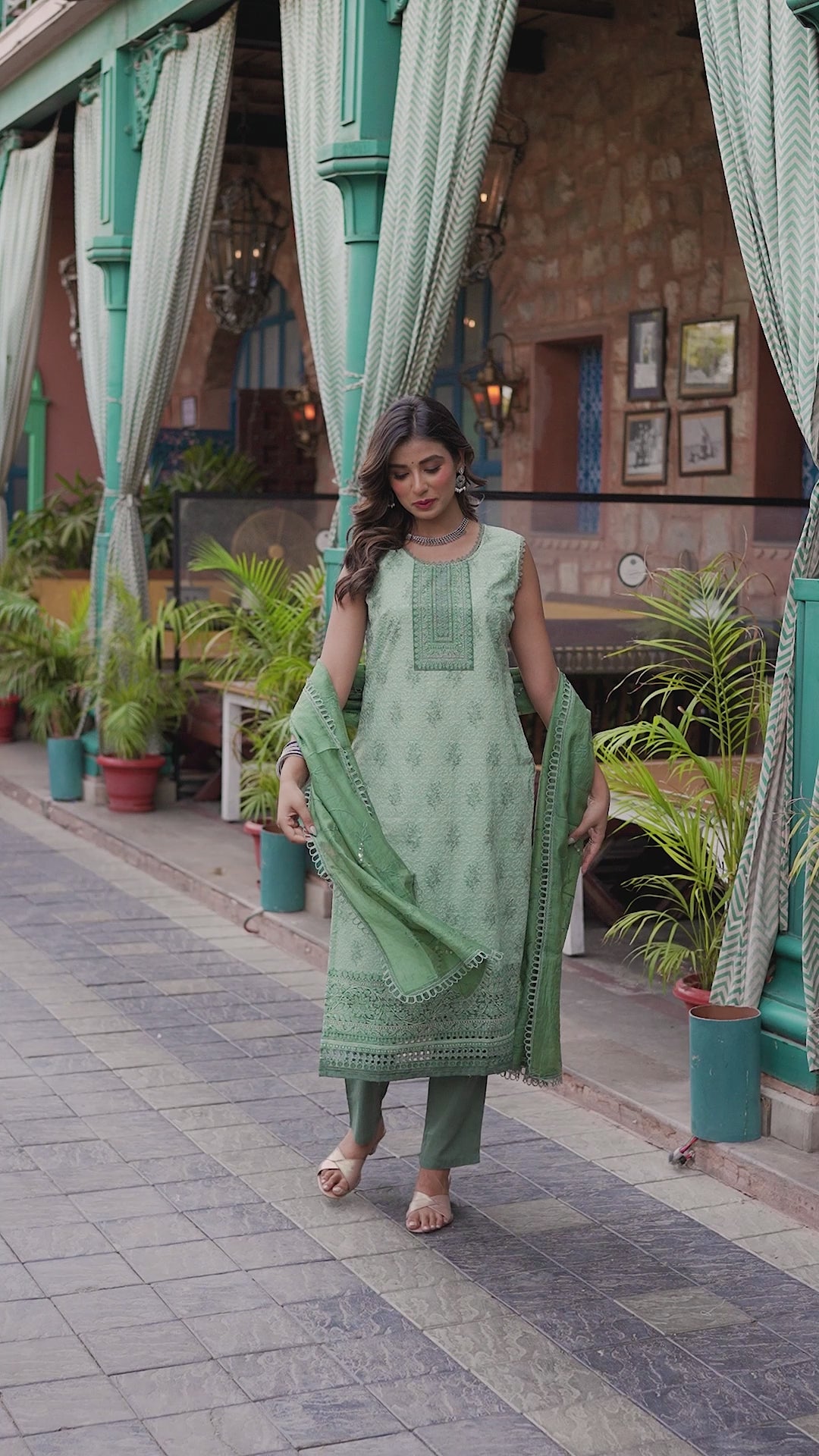 Green Schifli Kurta Set with Mirror Work Dupatta