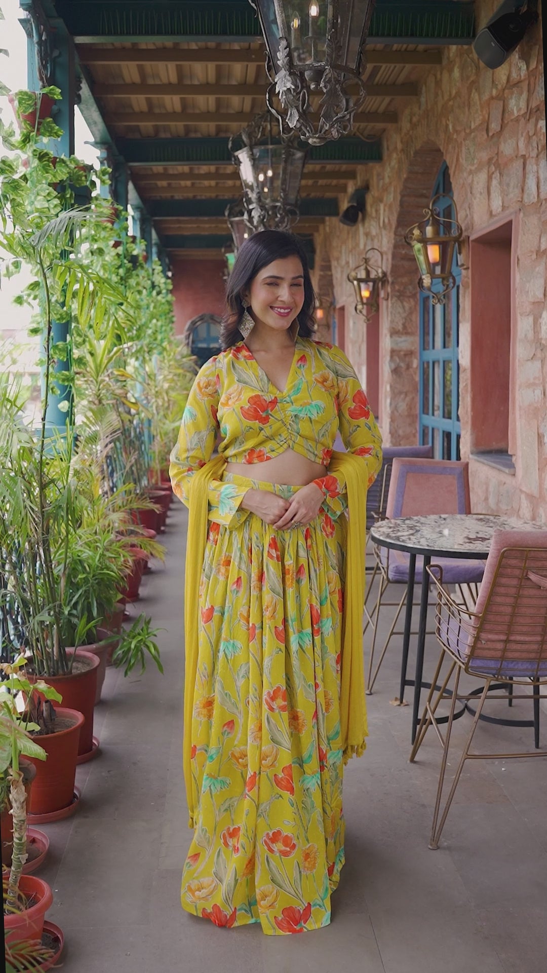 Mustard Floral Print Chinnon Lehenga Choli With Dupatta