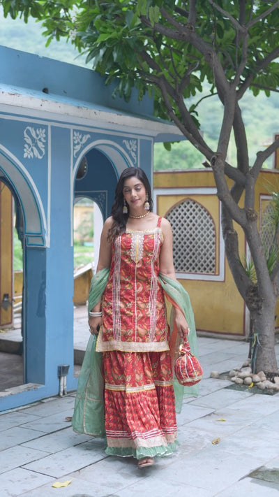 Red Cotton Gota Work Kurta with Tiered Skirt & Dupatta