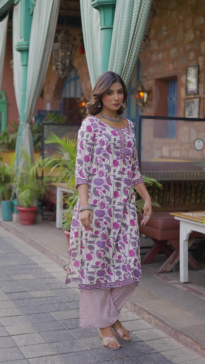 Off-white Kurta Set with pink Floral Print