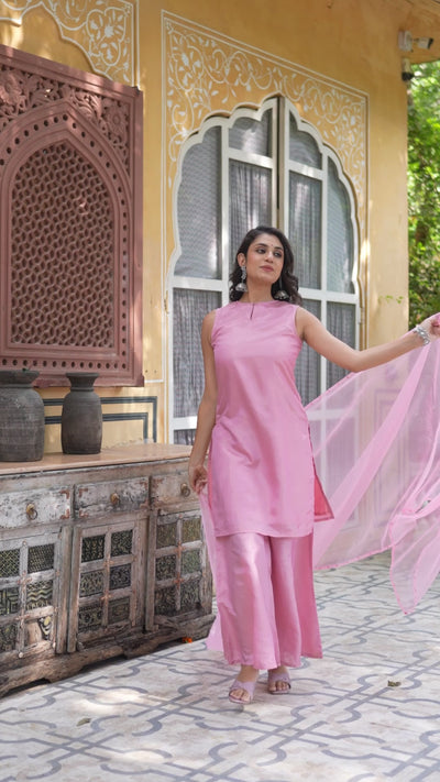 Blush Pink Sleevessless Kurta Sharara With Organza Sequinned Dupatta