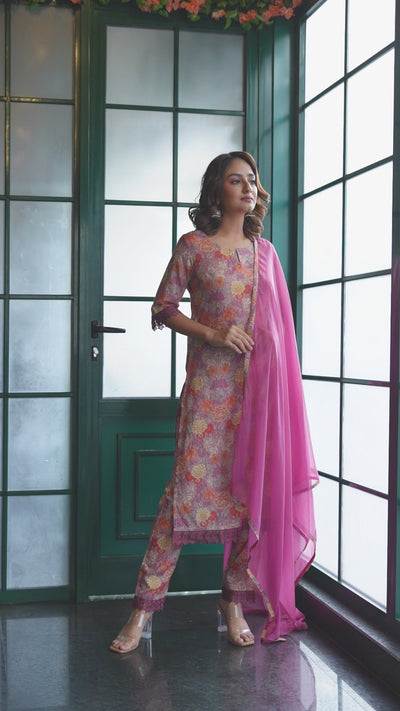 Pink Floral printed Kurta Set with Dupatta