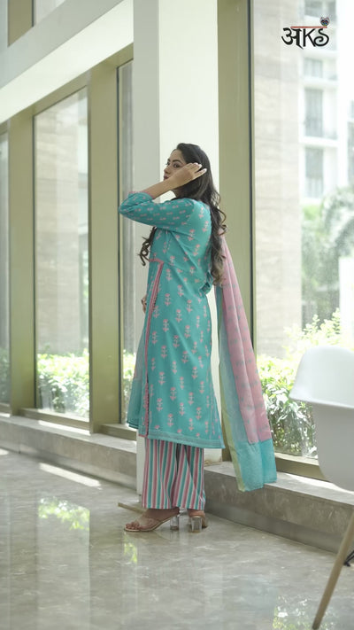 Blue Floral Print Alia-Cut Kurta Palazzo With Dupatta