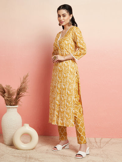 Mustard Printed Lurex Kurta With Pant