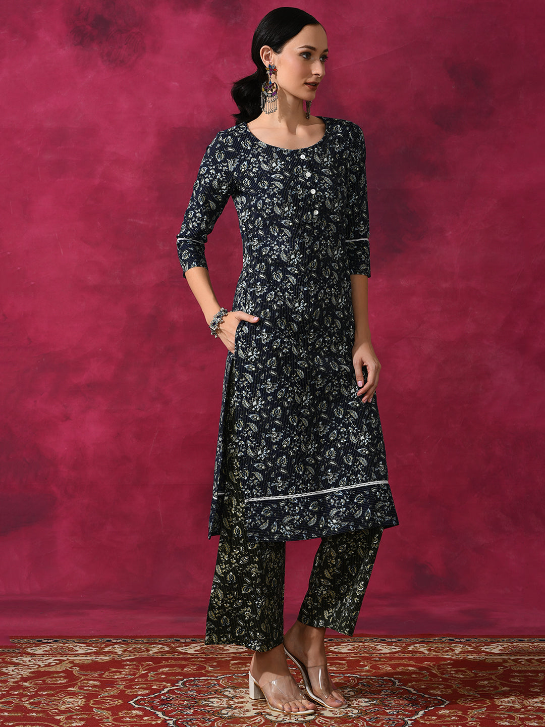 Navy Blue Kantha Work Couple Combo Set