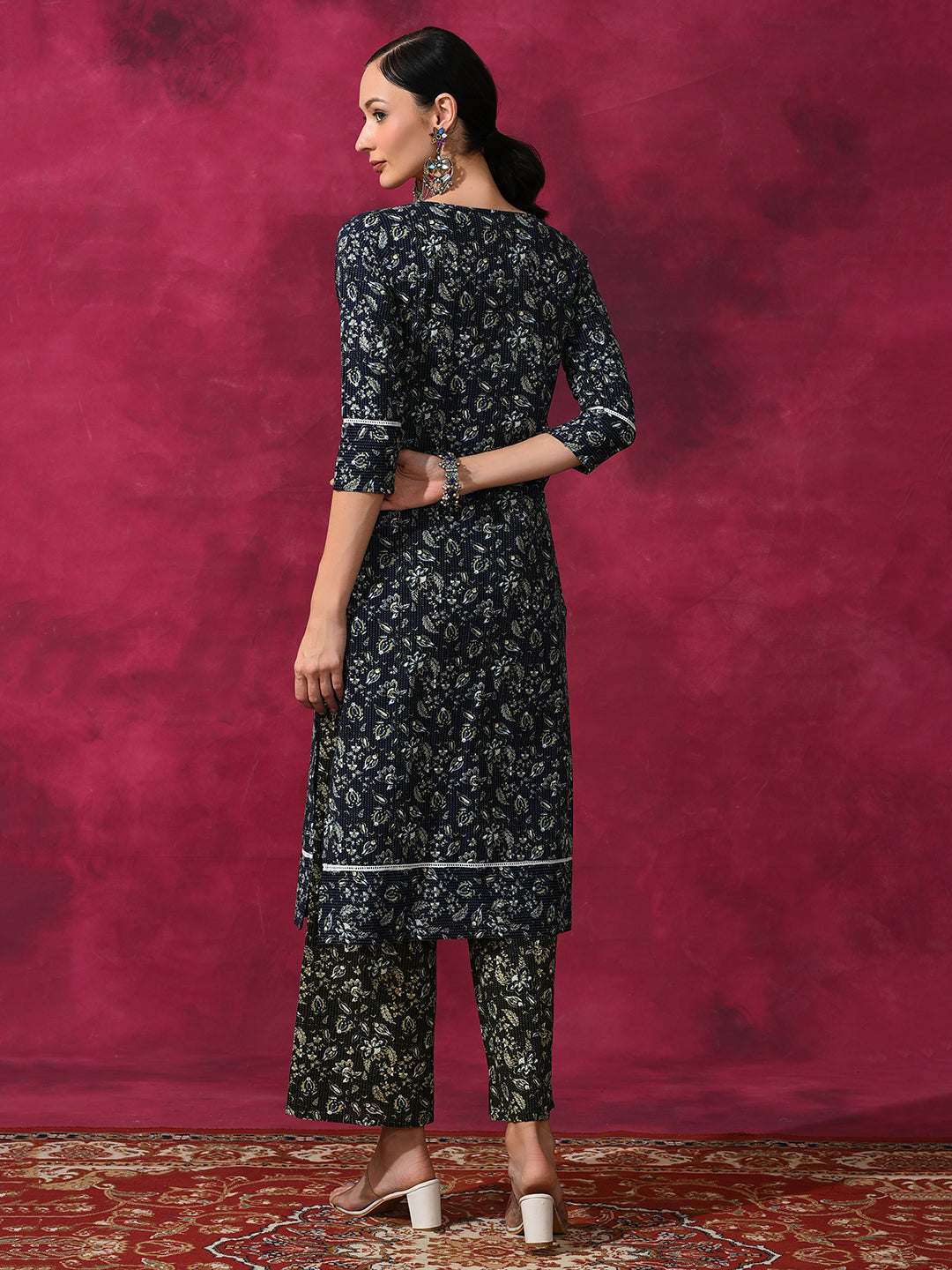 Navy Blue Kantha Work Couple Combo Set