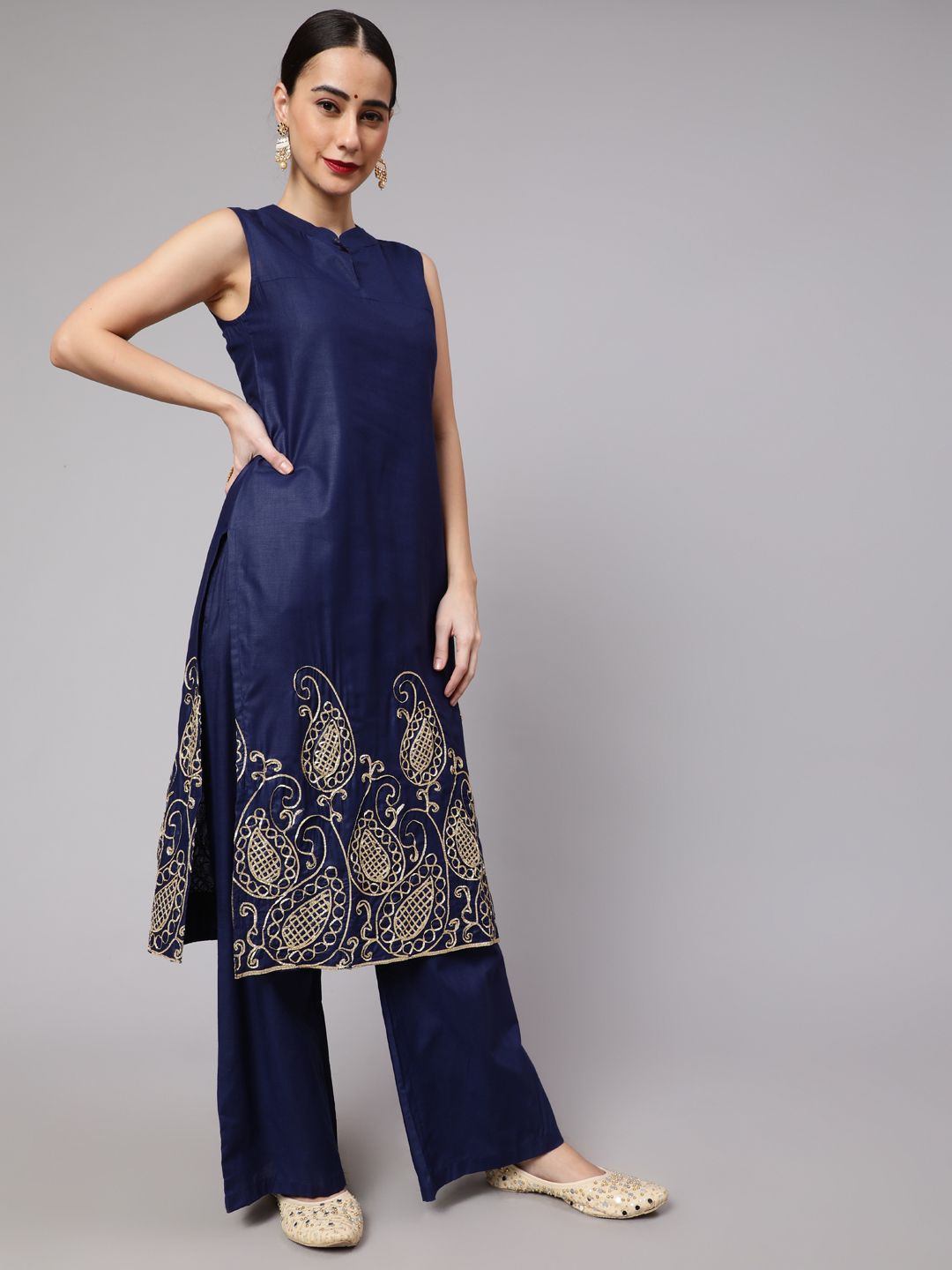 Navy Blue Embroidered Kurta With Palazzo