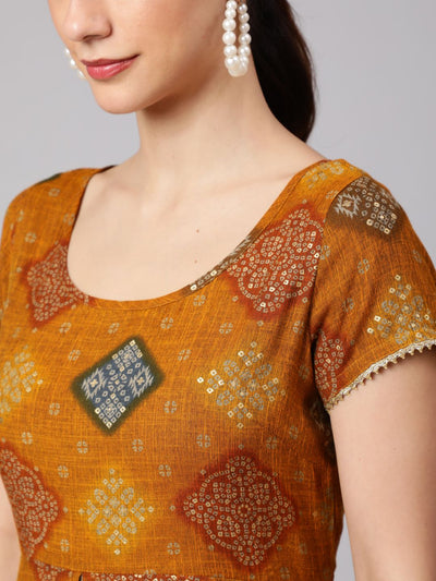 Mustard Bandhani Print Layered Maxi Dress