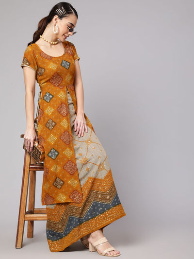 Mustard Bandhani Print Layered Maxi Dress