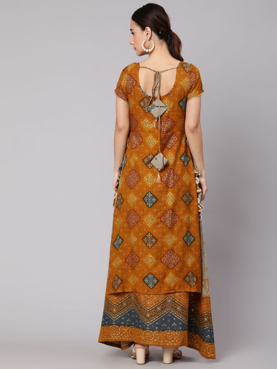 Mustard Bandhani Print Layered Maxi Dress