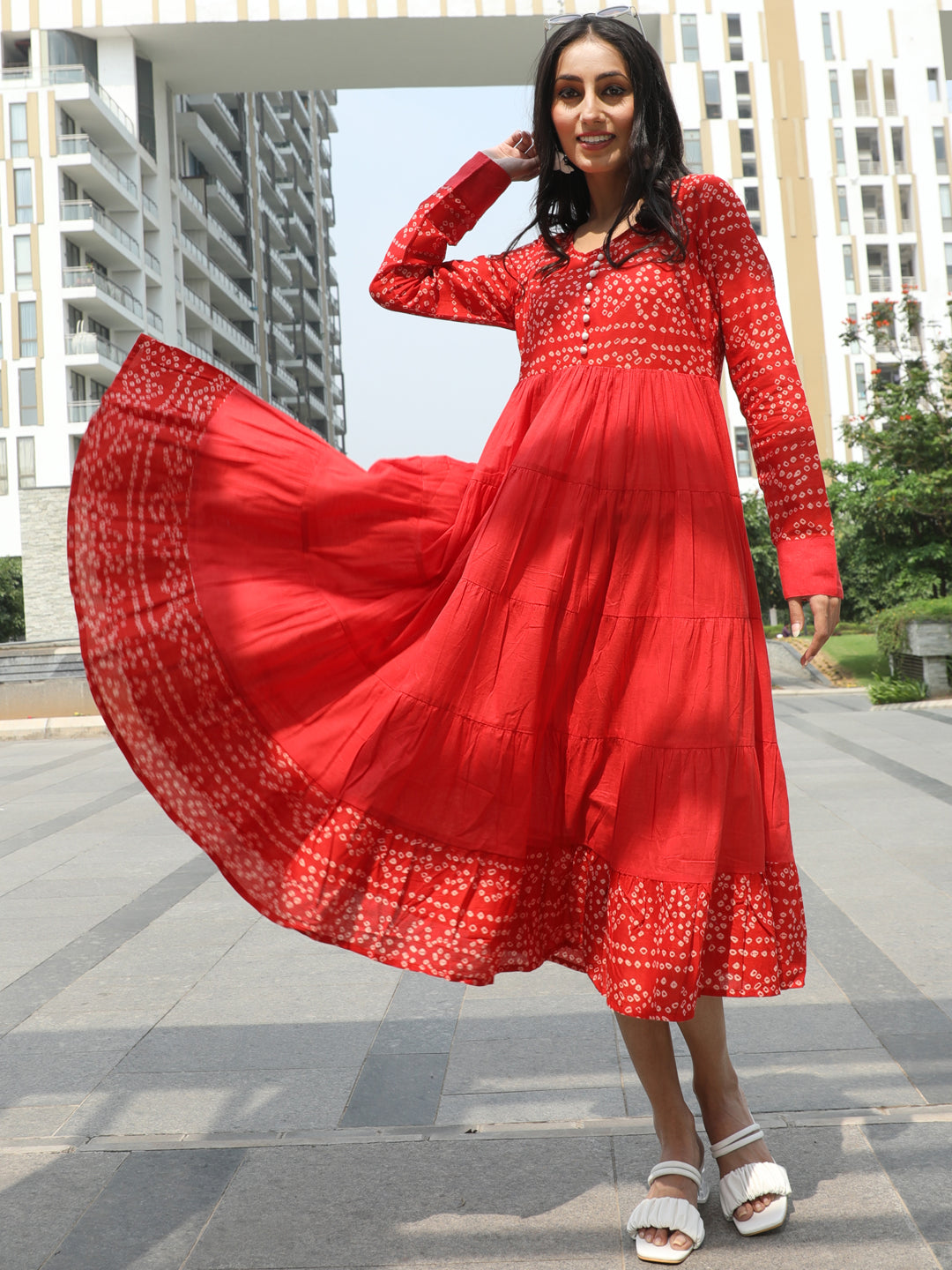 Red Bandhani Print Tiered Anarkali