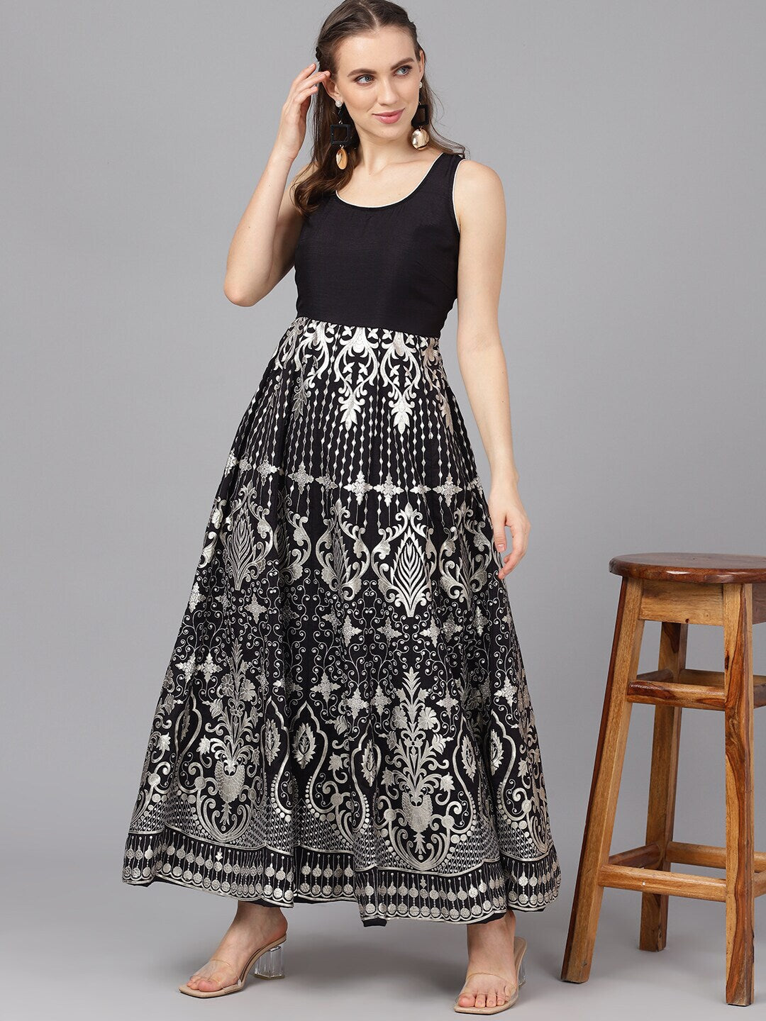 Black Printed Flared Maxi Dress