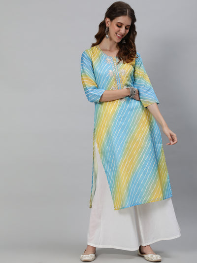 Blue Leheriya Print Yoke Embroidered Kurta