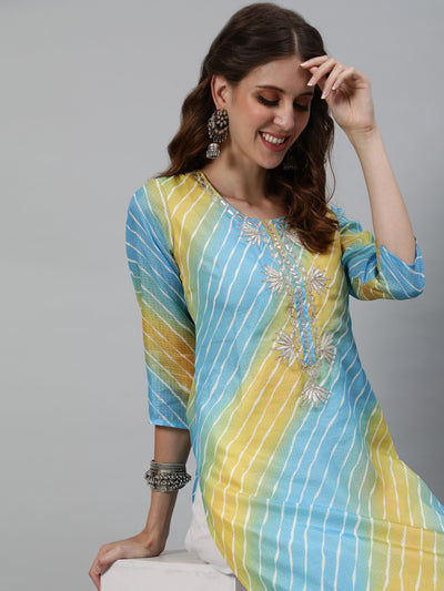 Blue Leheriya Print Yoke Embroidered Kurta