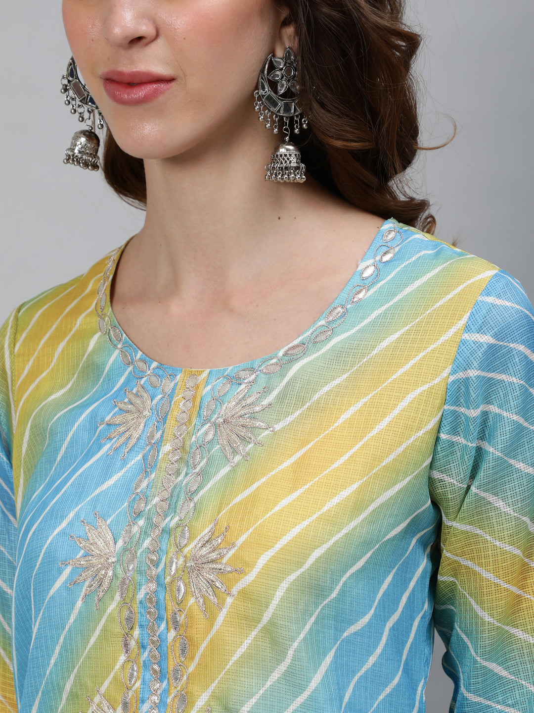 Blue Leheriya Print Yoke Embroidered Kurta