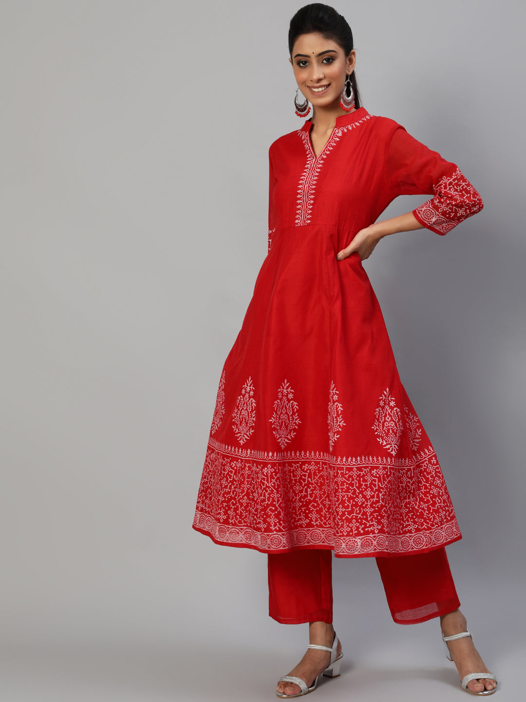 Red Block Print Anarkali