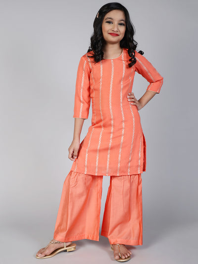 Peach Striped Kurta With Sharara