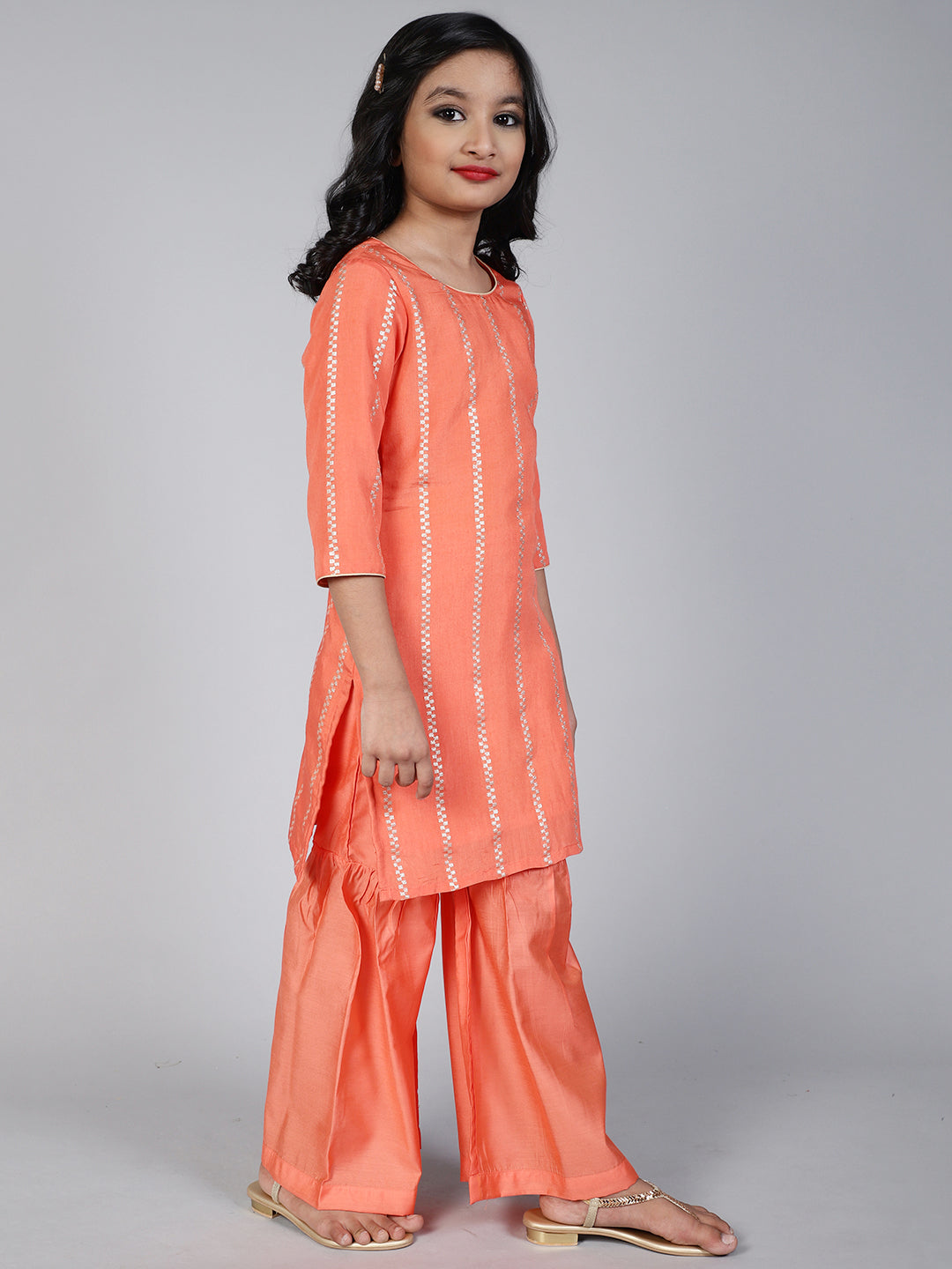 Peach Striped Kurta With Sharara