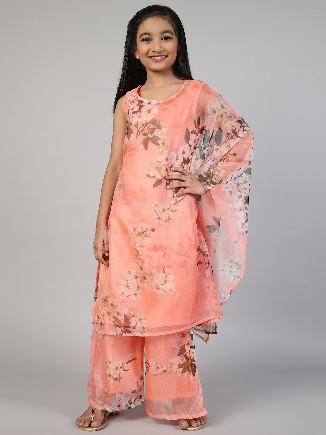 Peach Floral Printed Kurta With Palazzo