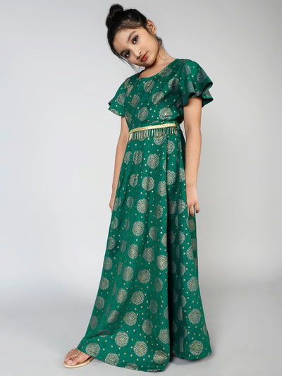 Green Gold Printed Flared Maxi Dress