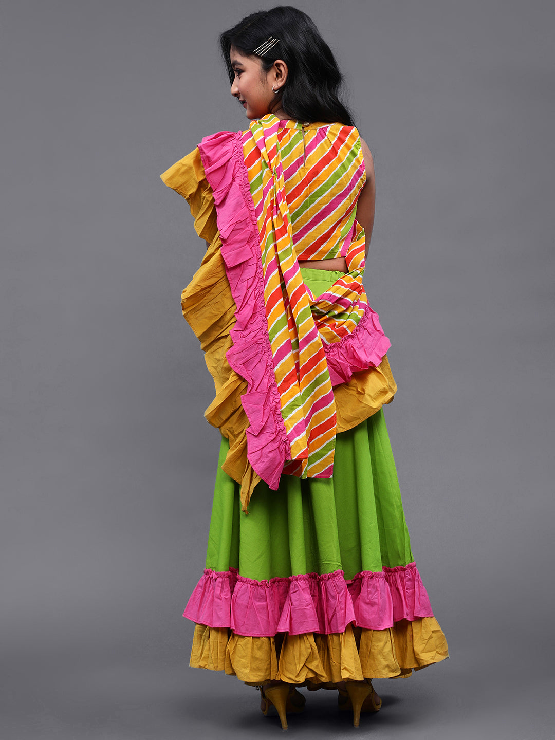 Yellow Leheriya Print Ruffle Saree With Blouse