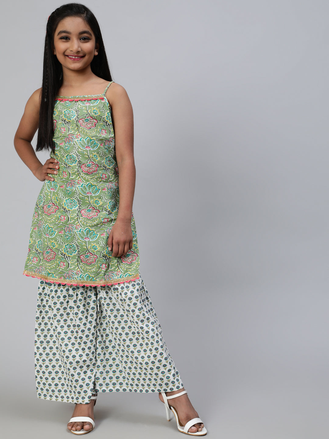 Green Floral Print Kurta With Sharara