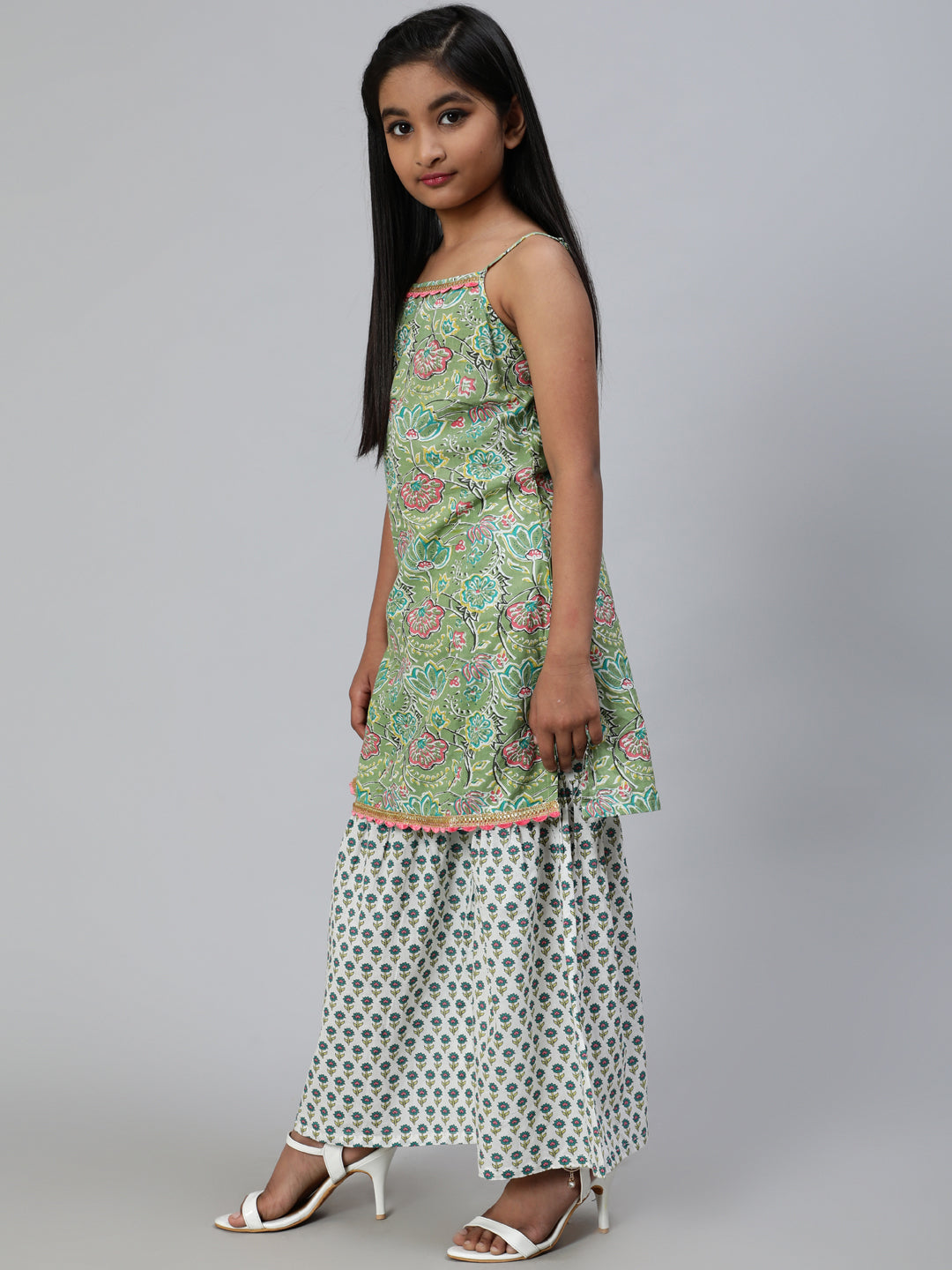 Green Floral Print Kurta With Sharara