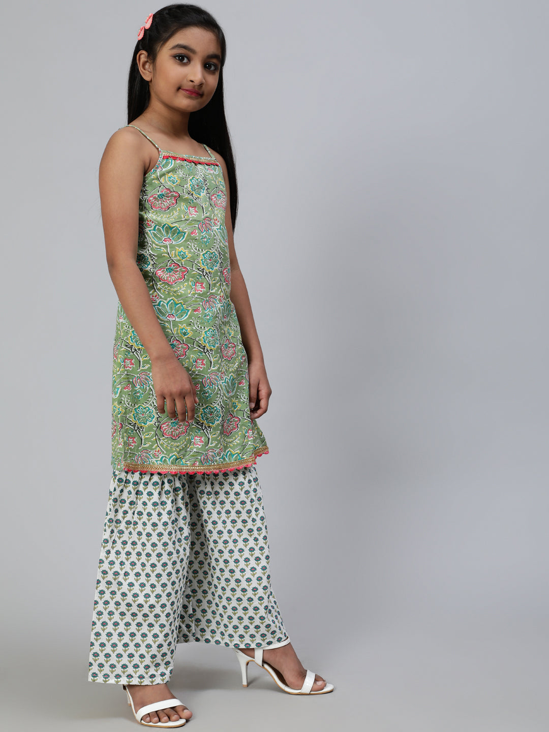 Green Floral Print Kurta With Sharara