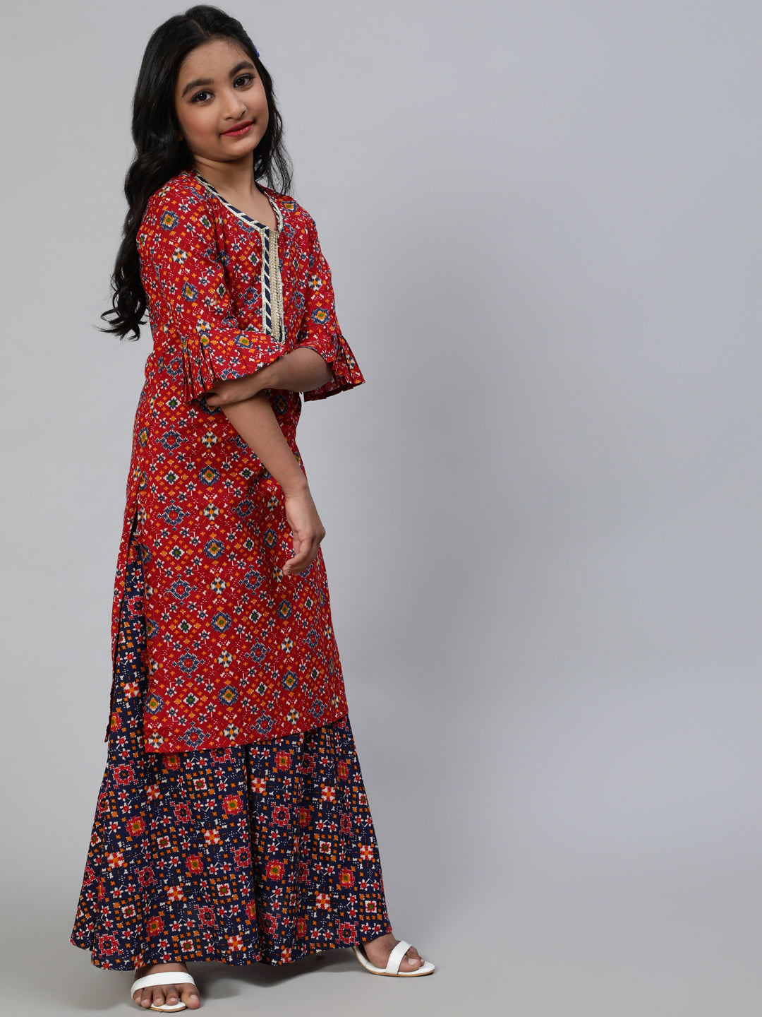 Red Patola Print Kurta With Skirt