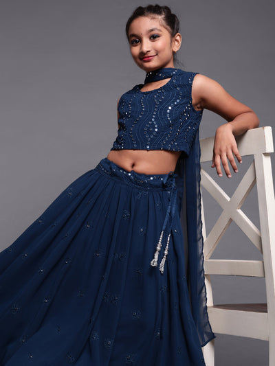 Mother Daughter Combo-Blue Mirror Work Lehenga Choli Set