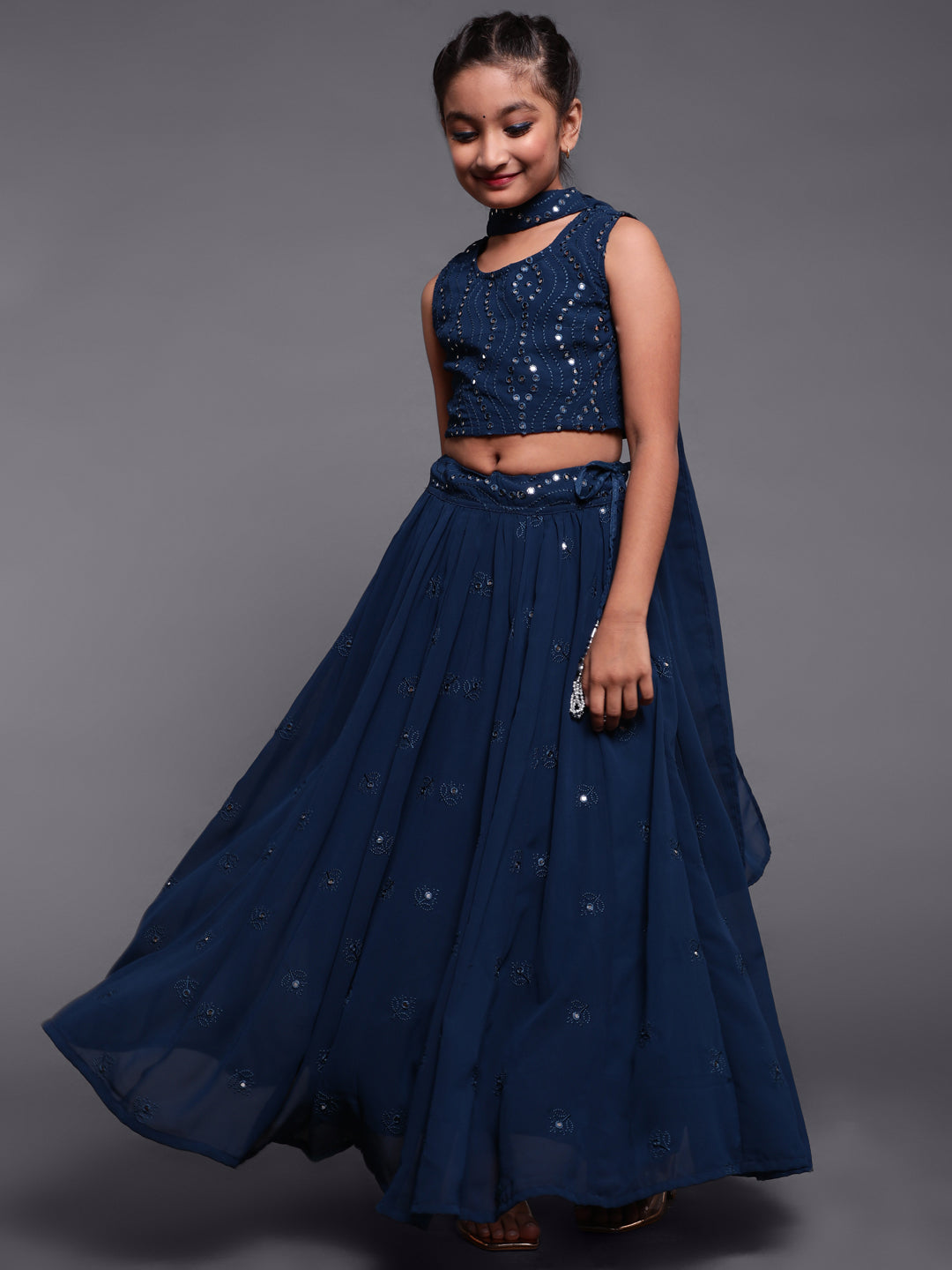 Mother Daughter Combo-Blue Mirror Work Lehenga Choli Set