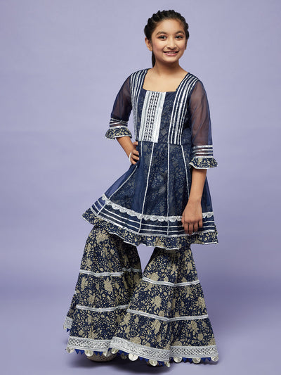 Navy Blue Floral Print Kurta Sharara Set